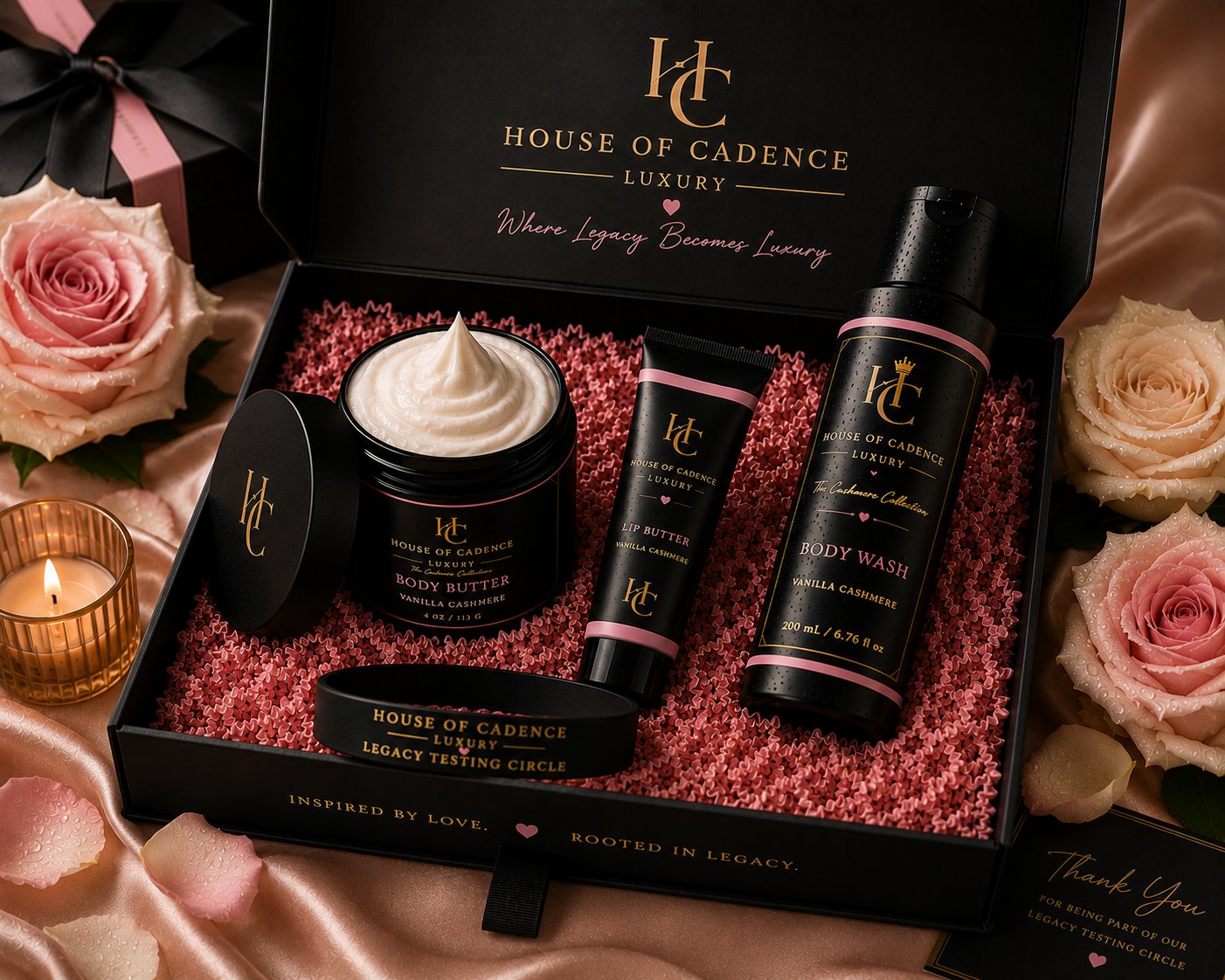 House of Cadence Cashmere Collection gift set — Body Wash, Body Butter, and Lip Butter